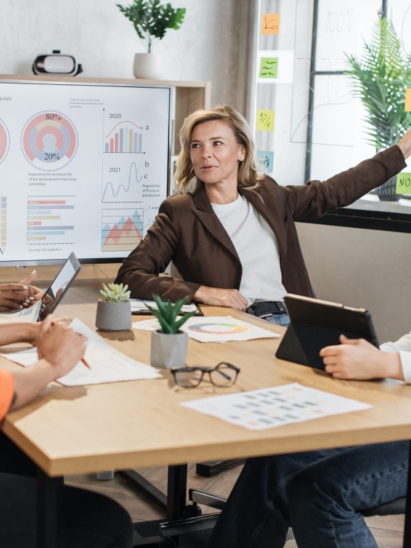 Caucasian mature woman in suit showing financial statistic of enterprise on glass board