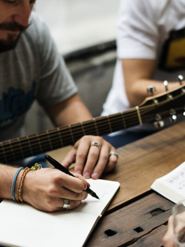 Men Play Guitar Write Song Music Reheaesal Men Play Guitar Write Song Music Reheaesal